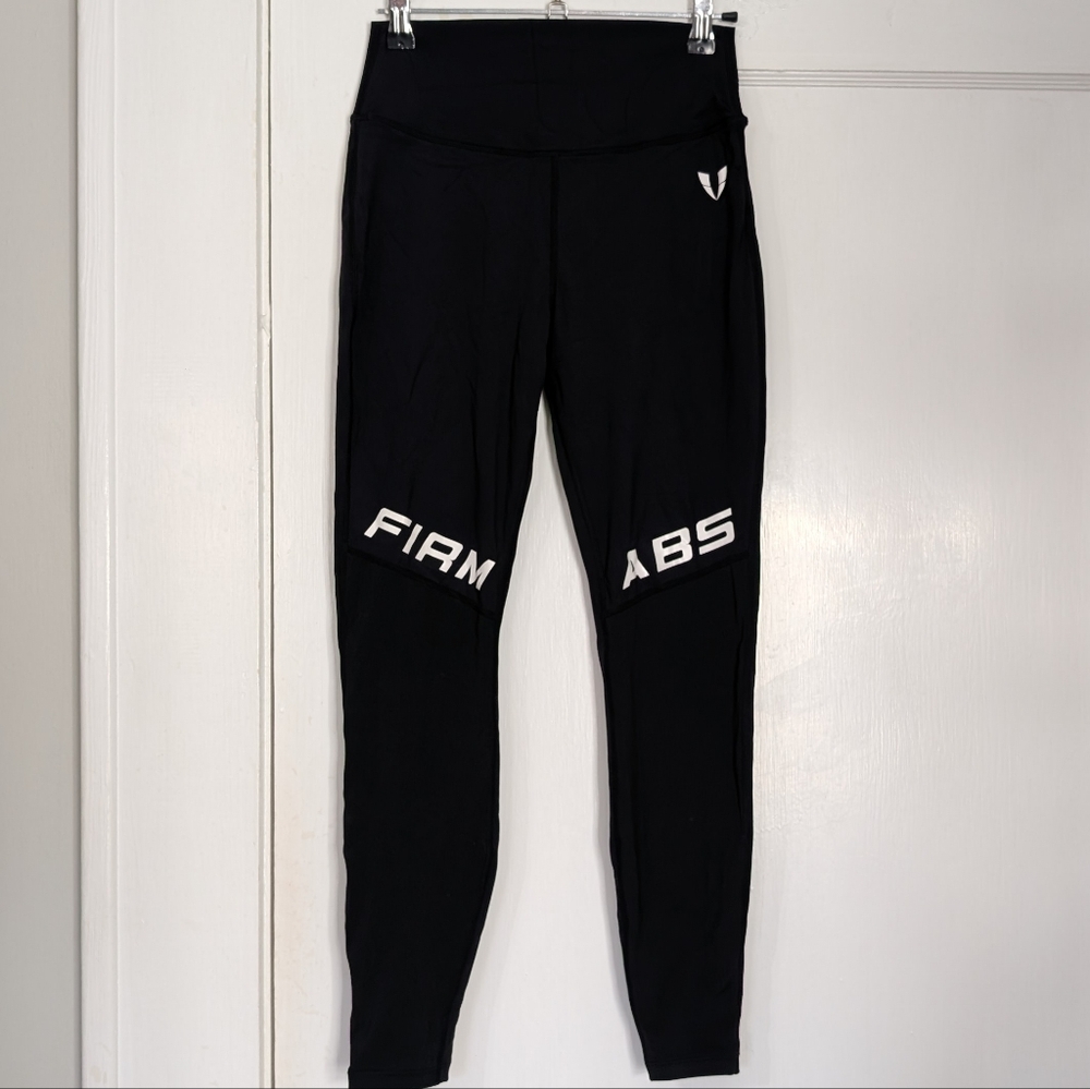 FirmAbs High Waist Compression Leggings Black Logo Pockets Size L
